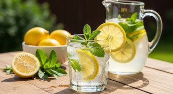 Un vaso de agua fría con limón, hierbabuena y hielo, junto a una jarra de limonada y limones frescos en una mesa de madera bajo el sol.
