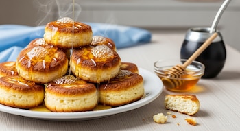 Buñuelos de ricota con miel sobre una fuente blanca en mesa de madera, con cuenco de miel, cuchara, mate negro, vapor y migas de comida.