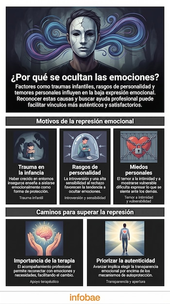Infografía con ilustraciones de un rostro enmascarado, un niño solo, un hombre en burbuja, un corazón encadenado, manos con cerebro y una figura con corazón.