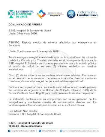 Cinco de los seis mineros heridos tras la explosión se encuentran en condición estable y reciben atención médica especializada en Ubaté - crédito Hospital El Salvador de Ubaté