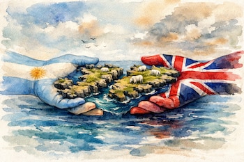 Pintura en acuarela de dos manos, una con la bandera de Argentina y otra con la bandera de Reino Unido, sosteniendo una isla rocosa con ovejas en el mar.