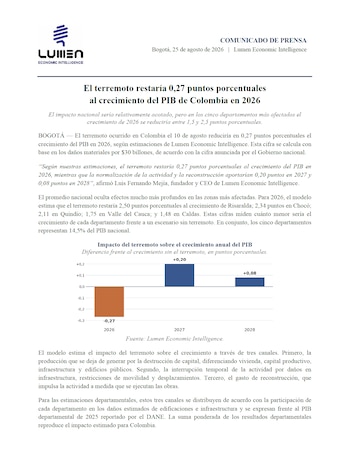 El terremoto restaría 0,27 puntos porcentuales al crecimiento de la economía colombiana en 2026 - crédito Lumen Economics Intelligence
