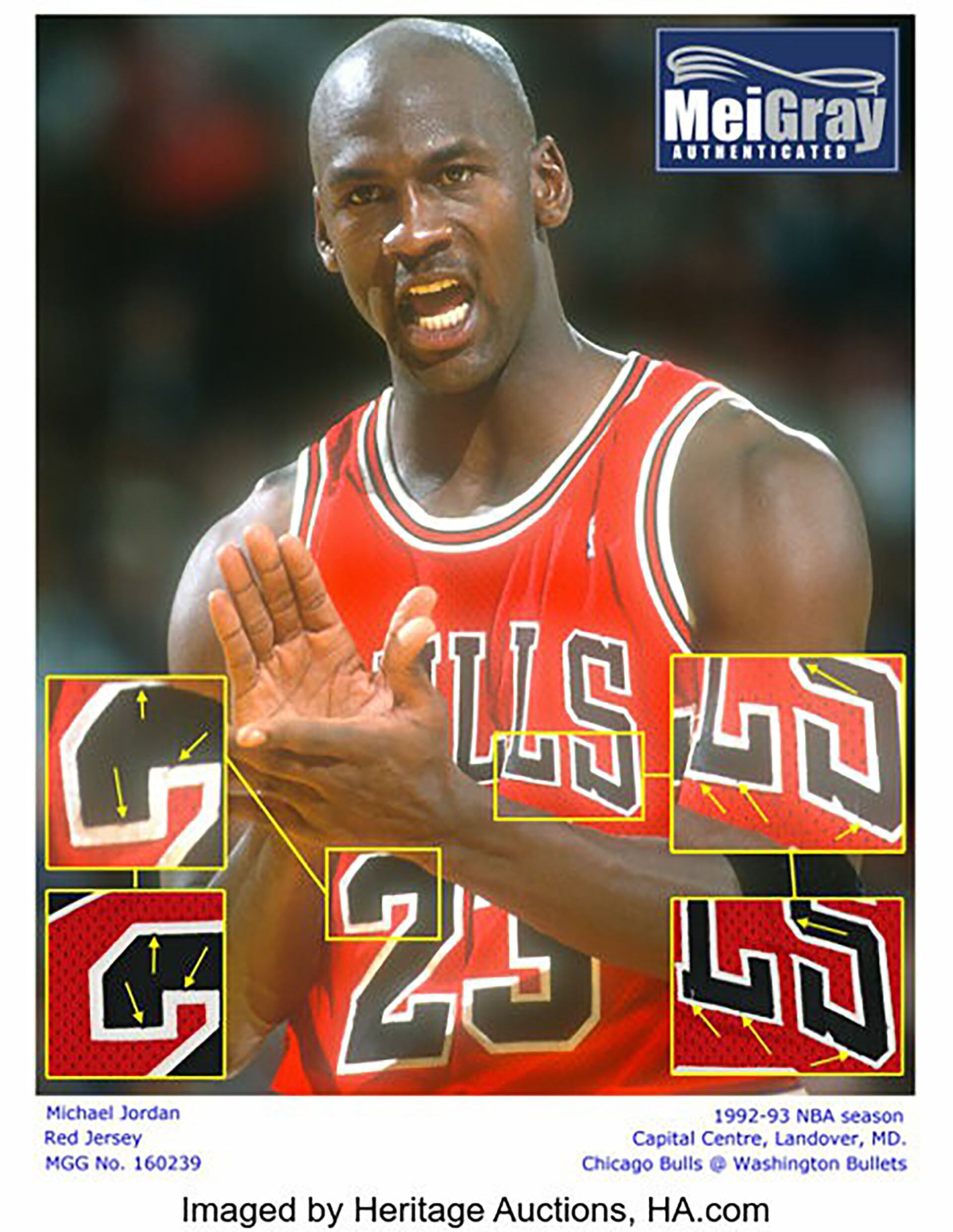 Los detalles que comprueban que el uniforme subastado es el que utilizó Jordan (Heritage Auctions)