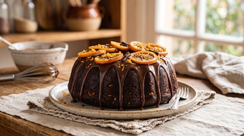 Budín de chocolate con cobertura oscura, rodajas de naranja y ralladura, servido sobre un plato de cerámica junto a un tenedor.
