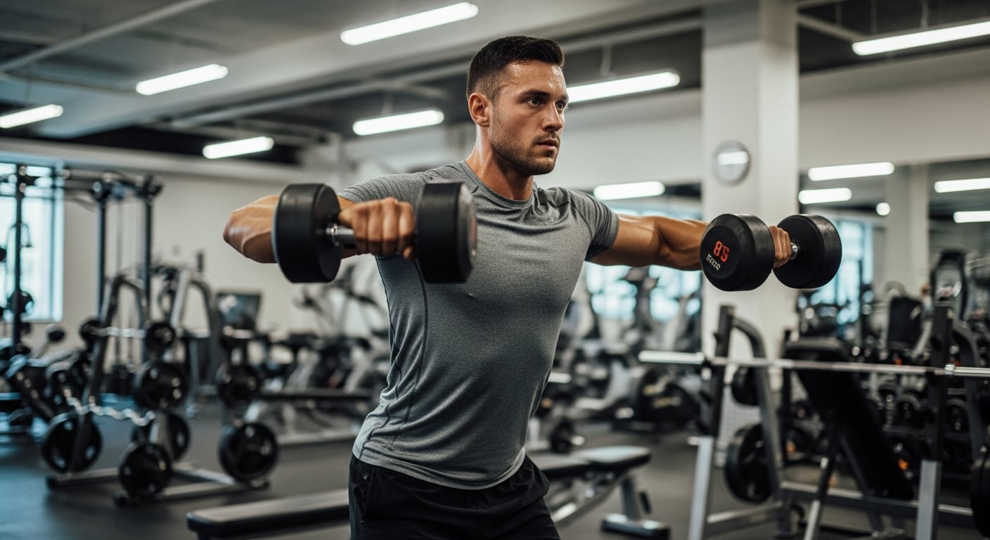 Un hombre se ejercita haciendo vuelos laterales con mancuernas en un gimnasio bien equipado. (Imagen Ilustrativa Infobae)