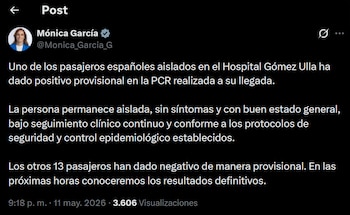 Publicação da Ministra da Saúde, Mónica García, que confirmou que um dos passageiros espanhóis do MV Hondius isolado no Hospital Gómez Ulla testou positivo para hantavírus. (X/@Mônica_Garcia_G)
