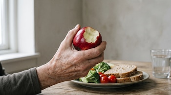 Mano de una persona mayor sujetando una manzana roja mordida cerca de un plato con verduras, pan integral y un vaso de agua.