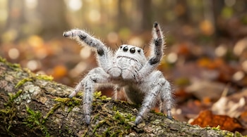 Aranha saltadora de pêlo branco, patas dianteiras eretas, no tronco de uma árvore. Grandes olhos negros visíveis. Uma fornalha florestal sombria de outono.