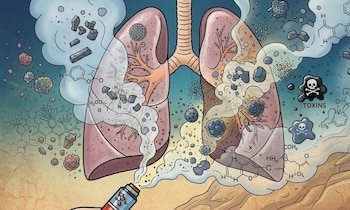 Ilustración detallada de pulmones humanos expuestos a humo y partículas tóxicas, con fórmulas químicas y calaveras, y un dispositivo de vapeo abajo