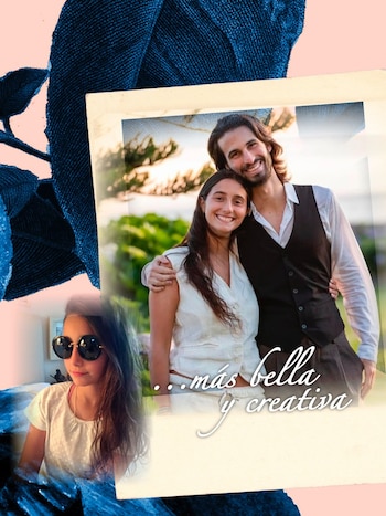 Imagen compuesta con una pareja sonriente abrazada al aire libre, un retrato de una joven con gafas de sol, y texto en cursiva "...más bella y creativa"