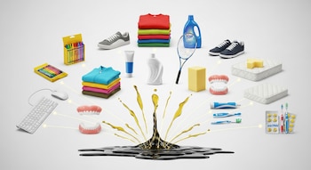 Petróleo crudo en el centro, con líneas luminosas conectando a productos como teclados, crayones, ropa, zapatos, dentaduras, artículos de higiene y colchones.