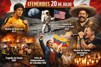 Infografía de efemérides 20 de julio: Bruce Lee, astronauta en la Luna, edificio en llamas, hombre con bandera de Colombia, Pancho Villa, Chester Bennington.