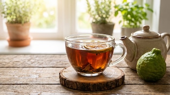 Taza transparente con té y una rodaja de cítrico sobre un posavasos de madera, una tetera de cerámica y un fruto verde de bergamota.