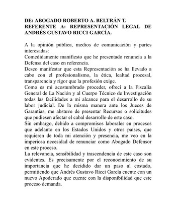 Con este comunicado el abogado Roberto Beltrán anunció que se aparta del proceso contra Andrés Ricci por el feminicidio de Luz Mery Tristán. Imagen: Roberto Beltrán.