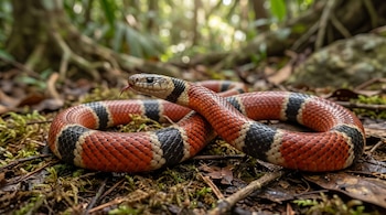Una serpiente con franjas rojas, negras y crema enroscada sobre tierra, hojas secas y musgo.