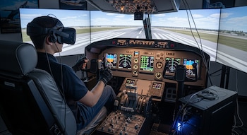 Vista trasera de un estudiante con gafas de realidad virtual sentado en la cabina de un simulador de vuelo, con múltiples pantallas mostrando una pista de aterrizaje.