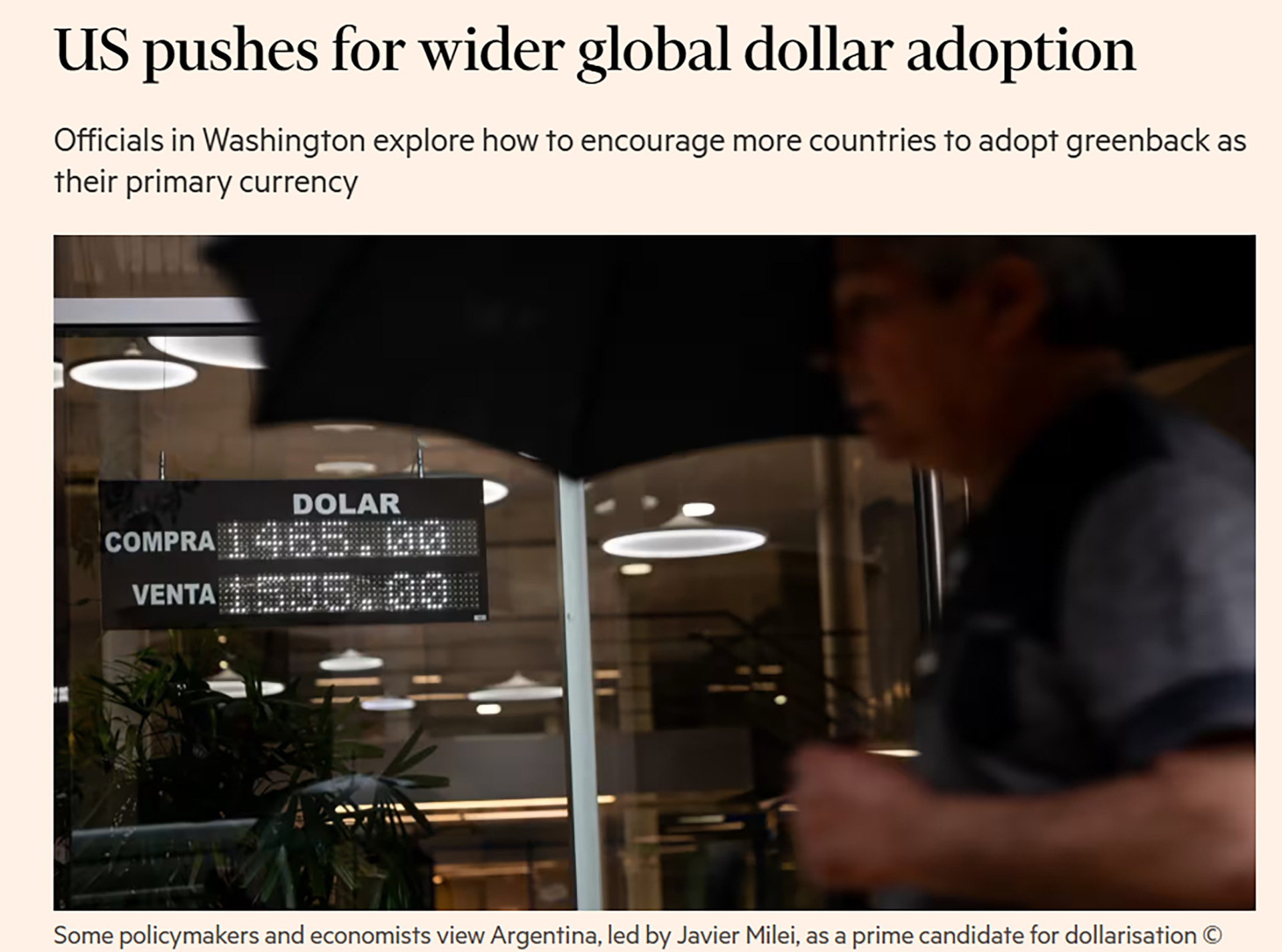 Título y fotografía con que el FT encabezó la nota en que cita a la Argentina como