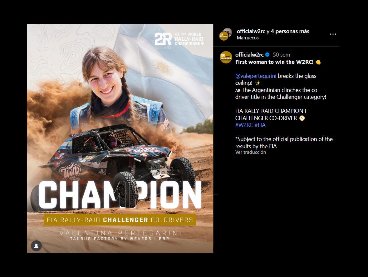 El posteo del Campeonato Mundial de Rally Raid felicitando a Valentina Pertegarini