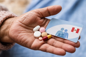 Mano de persona mayor que sostiene seis pastillas de distintas formas y colores y una tarjeta con la bandera de Perú.