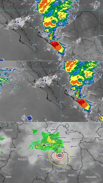 Tres mapas de radar meteorológico de México muestran intensidad de precipitación con colores sobre ciudades como Culiacán y Ciudad de México