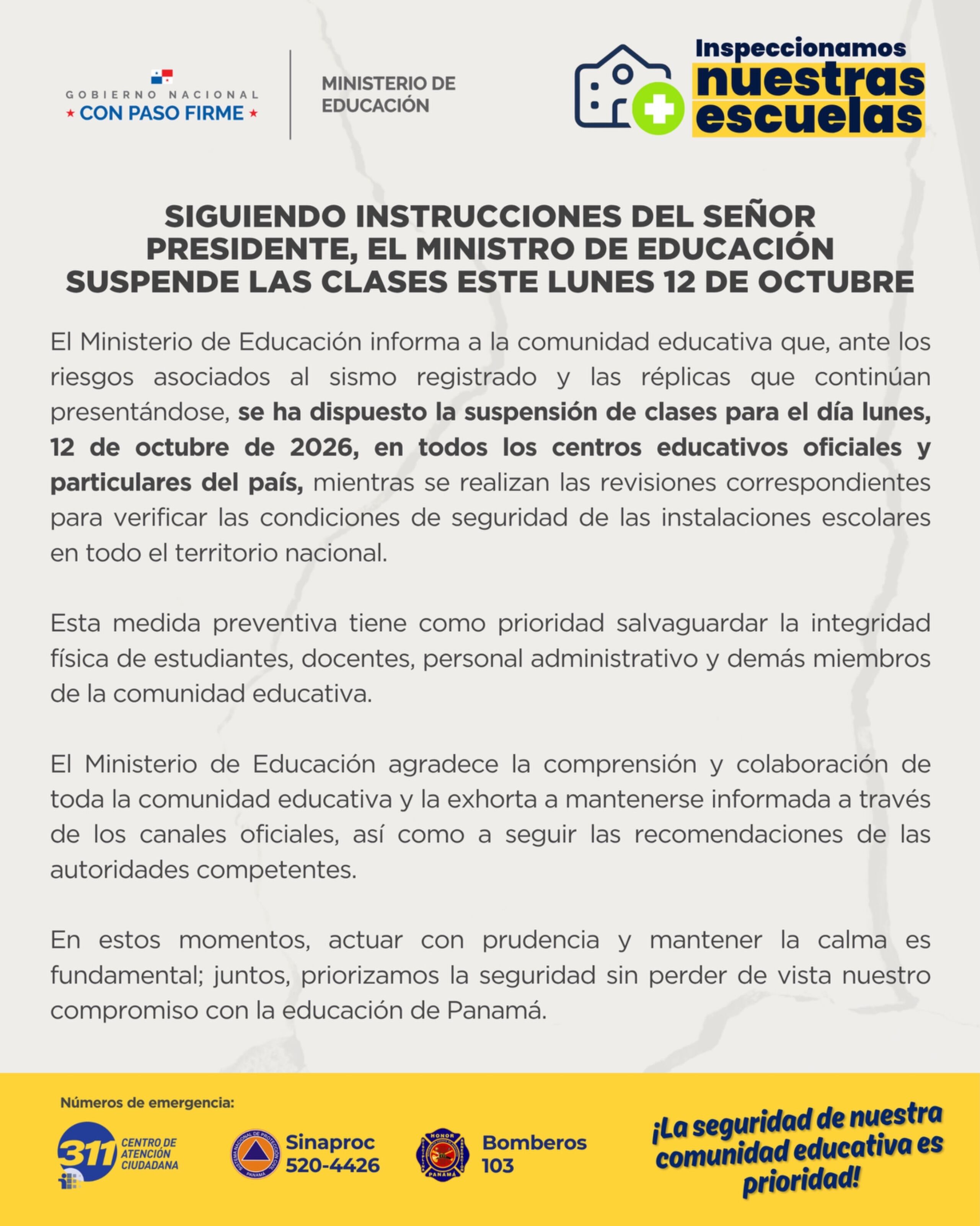 Panamá suspendió las clases en los centros educativos públicos y privados tras un sismo de magnitud 7.5. (Cortesía: Ministerio de Educación de Panamá)
