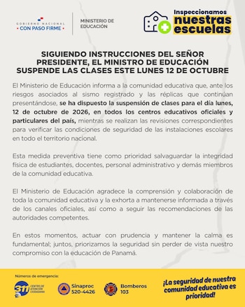 Panamá suspendió las clases en los centros educativos públicos y privados tras un sismo de magnitud 7.5. (Cortesía: Ministerio de Educación de Panamá)