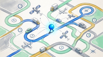 Figura azul brillante caminando sobre un mapa digital. En el mapa hay satélites, coches, camiones, aviones, caminos, relojes y brújulas.
