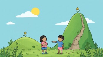 Un niño y una niña de pie en un paisaje con dos colinas, césped, el sol, nubes y un sendero que sube por una colina hasta una flor.