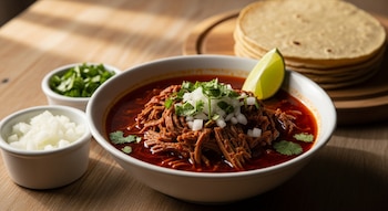 Birria de res en tazón blanco con cebolla, cilantro y gajo de limón. Dos tazones pequeños con cebolla y cilantro. Pila de tortillas en tabla de madera.