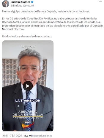 Enrique Gómez respaldó el llamado de Abelardo de la Espriella a la resistencia constitucional y criticó al gobierno saliente - crédito @Enrique_GomezM/X