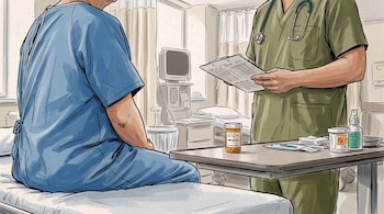 Ilustración de un paciente con bata azul y un médico en uniforme verde que lee un documento sobre una mesa con envases de medicamentos.
