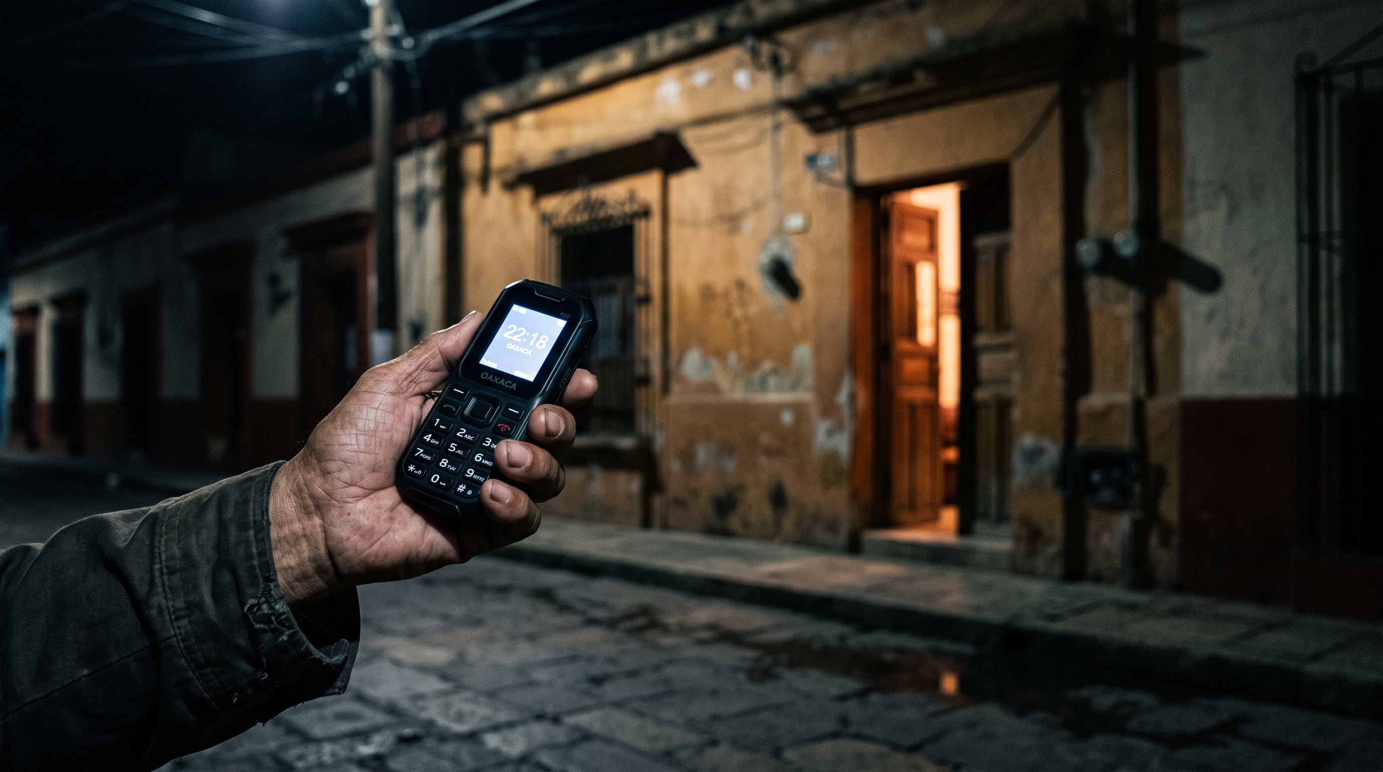 Una persona mayor sostiene un teléfono móvil encendido en una calle nocturna de Oaxaca ante la fachada de una vivienda. (Imagen Ilustrativa Infobae)