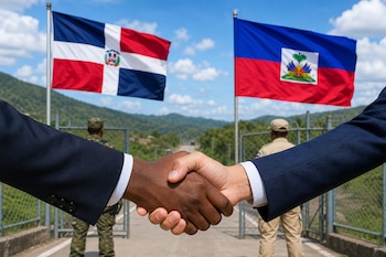 Un apretón de manos en primer plano ante las banderas de República Dominicana y Haití y un paso fronterizo custodiado por guardias.