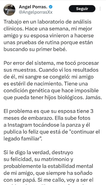 Una captura de pantalla de un post de X del usuario Angel Porras (@AngelporrasXx) donde relata un microrelato sobre un dilema ético médico y personal