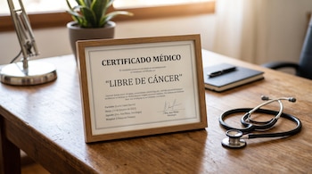 Certificado enmarcado con las palabras Libre de Cáncer sobre un escritorio de madera junto a un estetoscopio y una agenda.