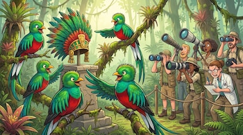 Dibujo de quetzales de colores vibrantes frente a un tocado ceremonial azteca en la jungla, con personas curiosas que los observan con telescopios y binoculares.