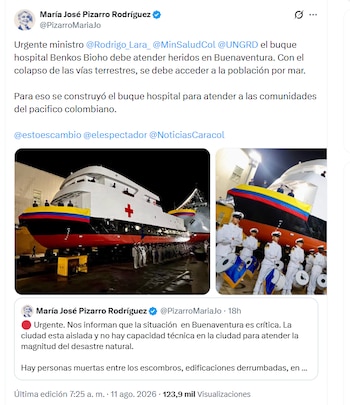 La exsenadora e integrante del Pacto Histórico María del Mar Pizarro se sumó a la petición que hizo el expresidente Gustavo Petro de utilizar el buque hospital Benkos Biohó - crédito @PizarroMariaJo/X