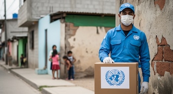 Hombre con uniforme azul y mascarilla sostiene una caja de la ONU en una calle de Guatemala; al fondo, niños y casas precarias bajo un cielo nublado.