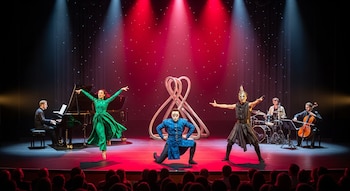 Bailarina de verde, dos artistas con máscaras y vestuario, un pianista, un baterista y un chelista en escena con escultura, luces y audiencia.