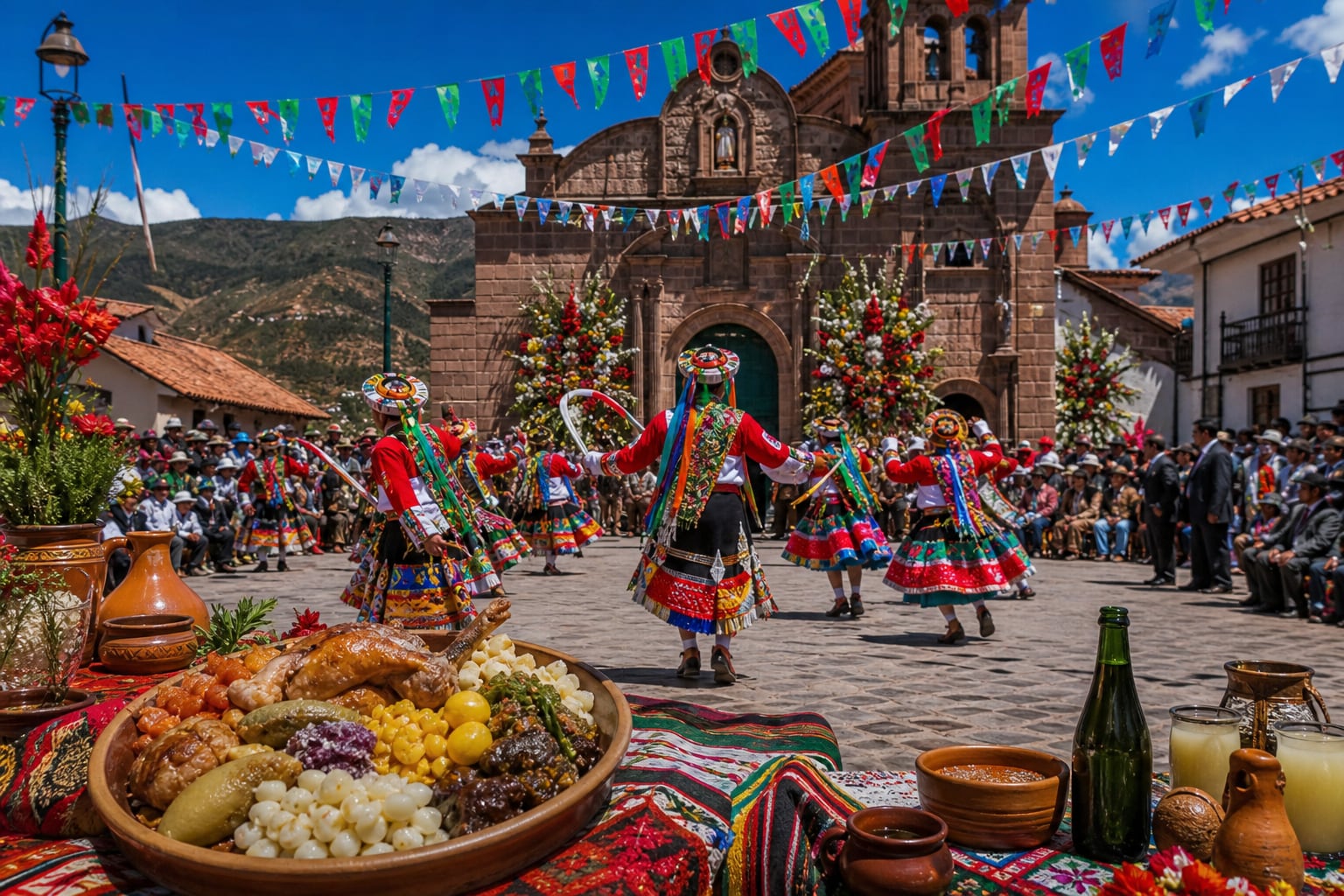 Un grupo de danzantes con trajes típicos baila frente al templo de San Jerónimo en Cusco junto a un plato de chiri uchu durante la fiesta patronal. (Imagen Ilustrativa Infobae)