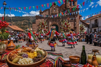 Danzantes con trajes coloridos bailan en una plaza frente a una iglesia de piedra, con una fuente de comida y bebidas en primer plano.