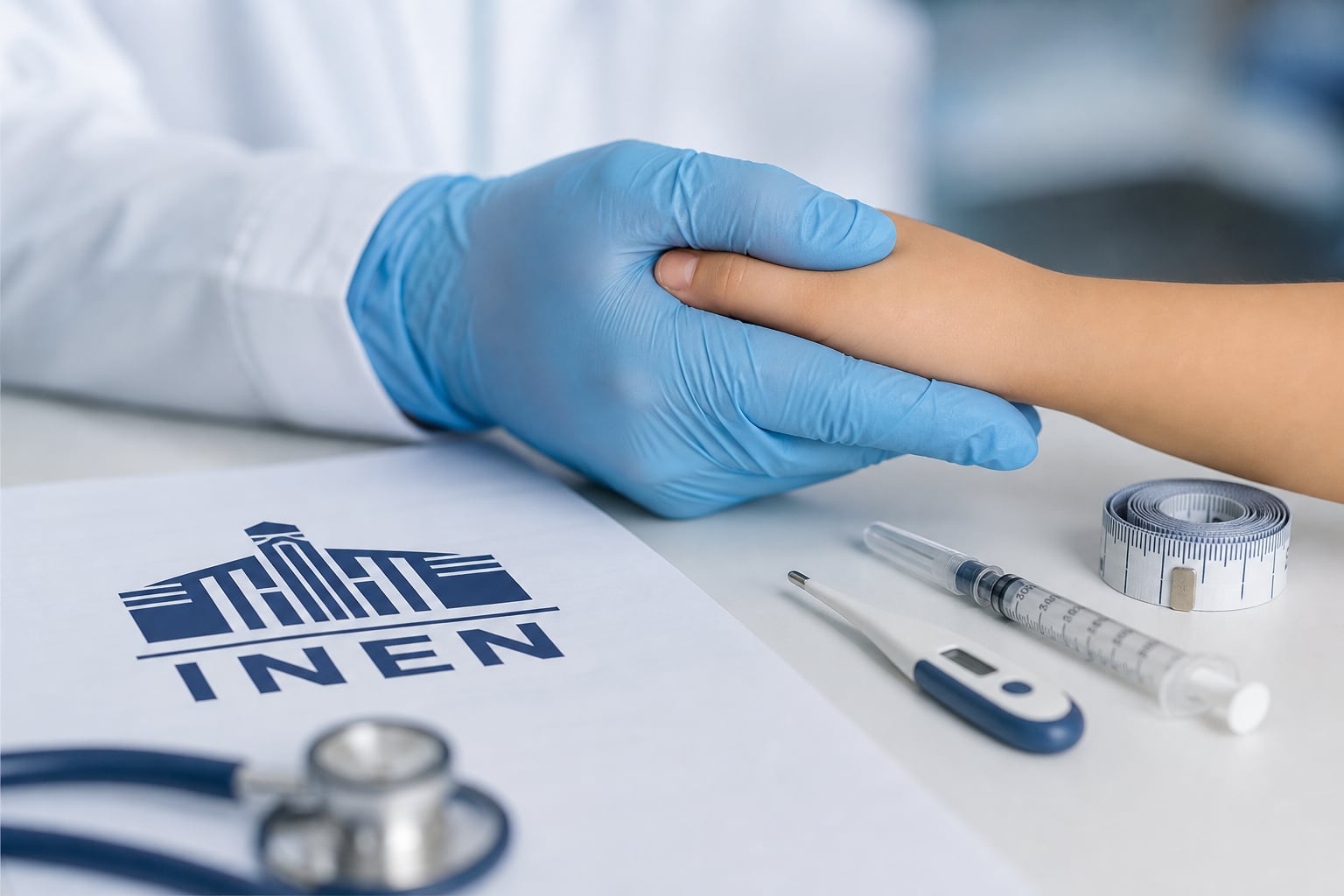 Un médico sostiene la mano de un niño sobre un escritorio equipado con documentos del INEN y material para evaluaciones clínicas. (Imagen Ilustrativa Infobae)