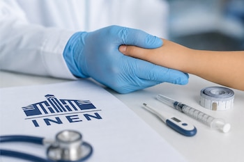Mano con guante azul sosteniendo la mano de un niño junto a un papel con el logotipo del INEN, estetoscopio, termómetro y jeringa.