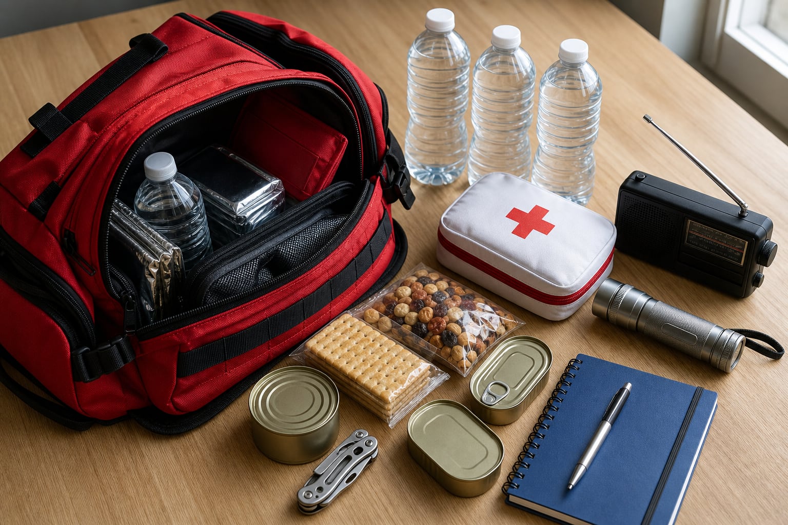 Una mochila de emergencia roja permanece abierta sobre una mesa junto a botellas de agua, un botiquín de primeros auxilios, alimentos enlatados y una radio. (Imagen Ilustrativa Infobae)