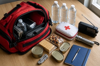 Mochila roja abierta junto a tres botellas de agua, un botiquín blanco, latas de comida, una linterna, una radio y una libreta sobre una mesa.
