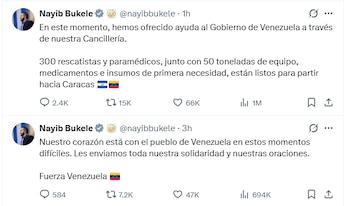 Bukele puso a disposición de Caracas paramédicos, 50 toneladas de insumos esenciales y un mensaje de apoyo, mientras otros gobiernos de la región activaron pronunciamientos y acompañamiento por la emergencia.