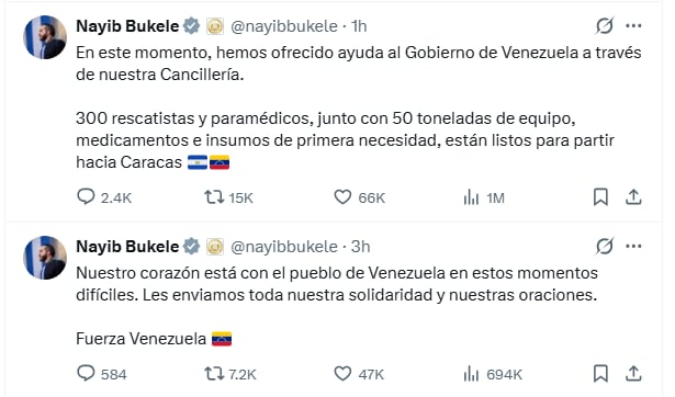 Bukele puso a disposición de Caracas paramédicos, 50 toneladas de insumos esenciales y un mensaje de apoyo, mientras otros gobiernos de la región activaron pronunciamientos y acompañamiento por la emergencia.