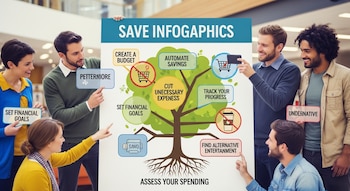 Seis personas diversas miran y señalan una infografía grande en forma de árbol con consejos para ahorrar y gestionar las finanzas personales.
