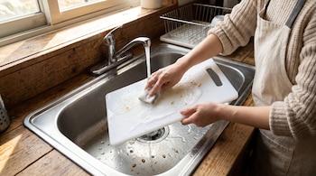 Mujer con delantal y jersey lava tabla de cortar de plástico blanca en fregadero de metal con esponja, agua y jabón, cerca de una ventana.