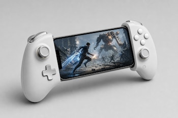 Mando de videojuegos de color blanco sosteniendo un teléfono móvil con un juego de acción en pantalla sobre fondo gris.